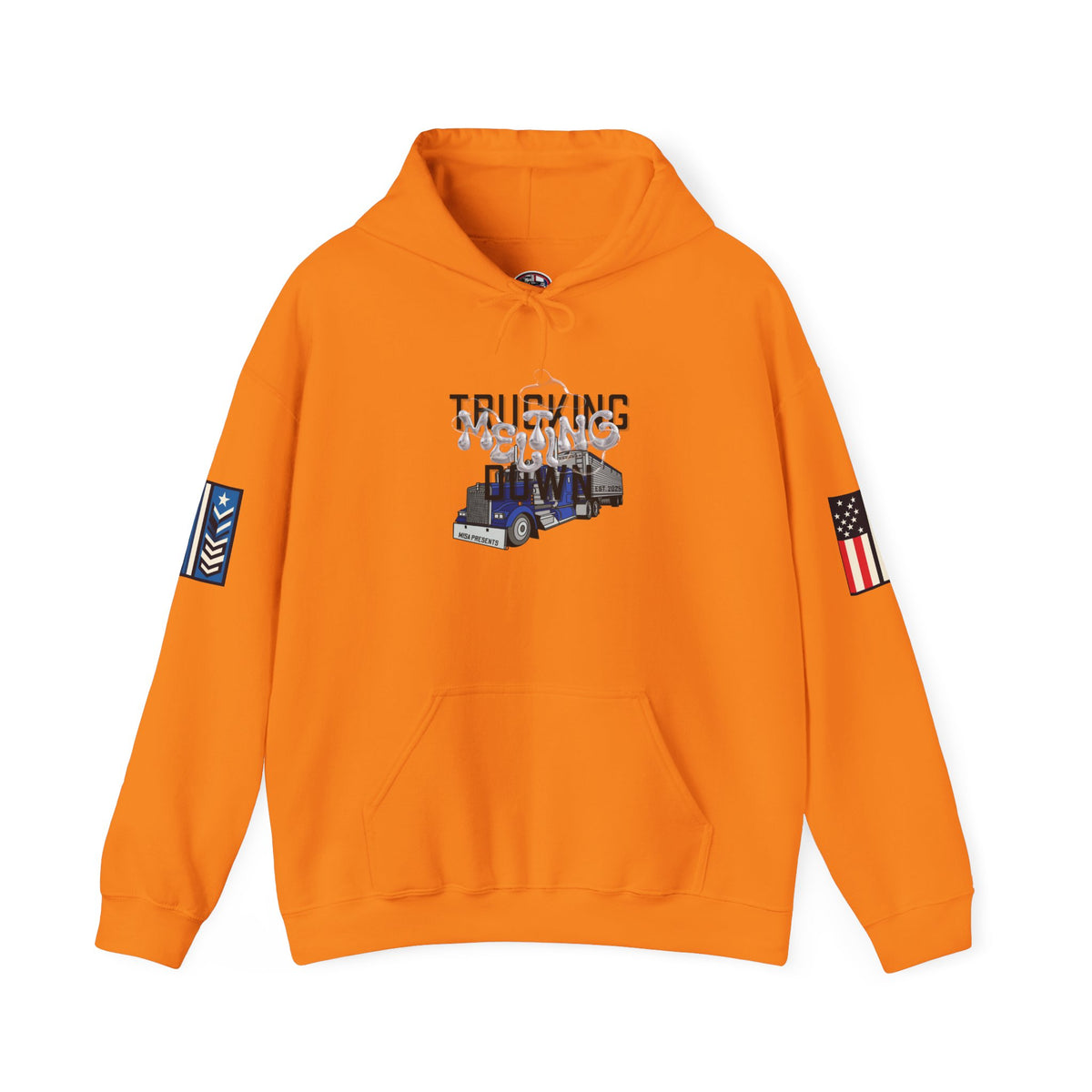 White Melting Down Unisex Hoodie with Trucking Design by Printify, featuring a colorful abstract melting truck graphic.