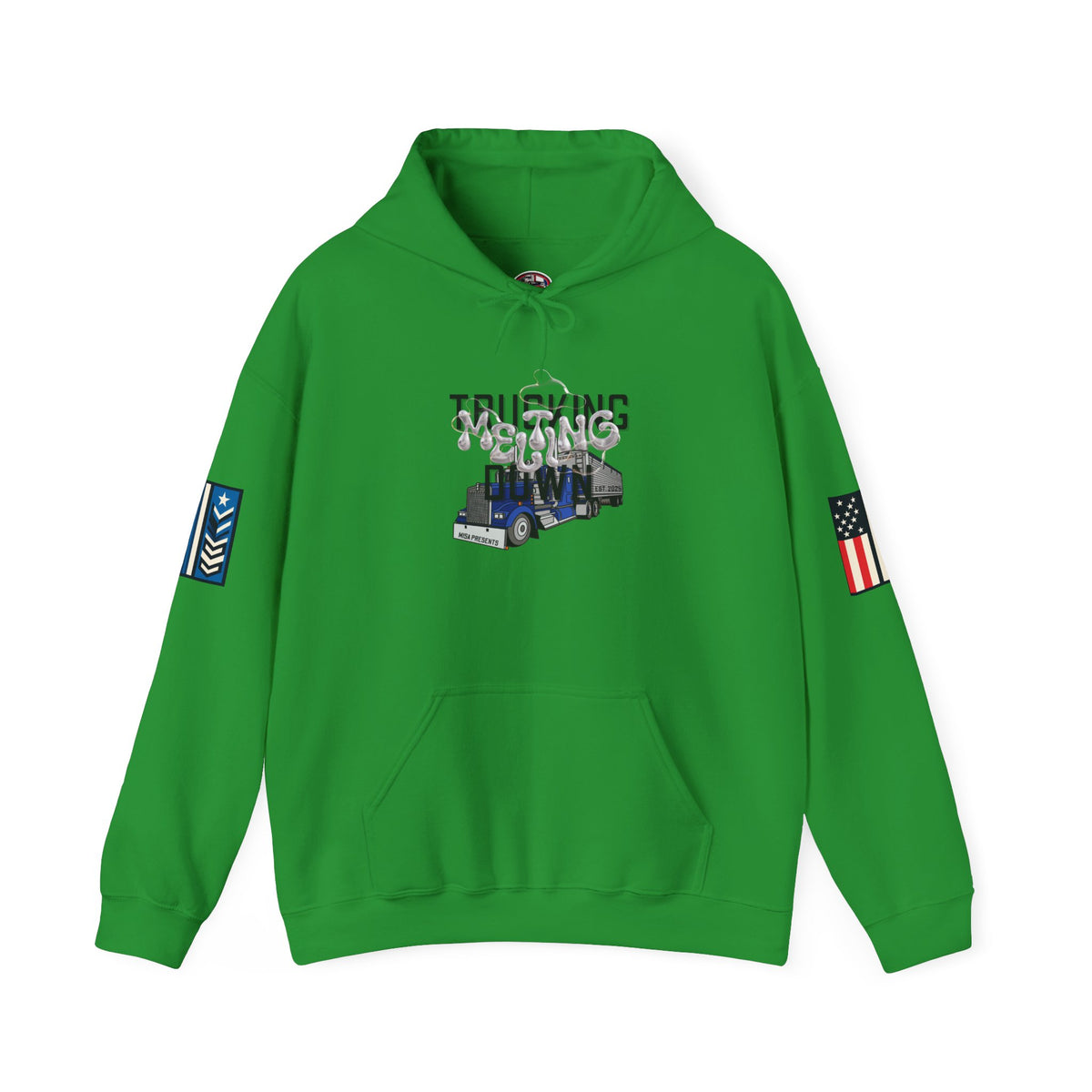 White Melting Down unisex hoodie featuring a trucking design, by Printify, shown on a model with front view.