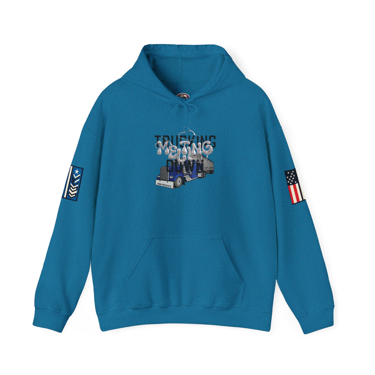 White Melting Down Unisex Hoodie by Printify with trucking design, featuring a casual fit and vibrant graphic on the front.