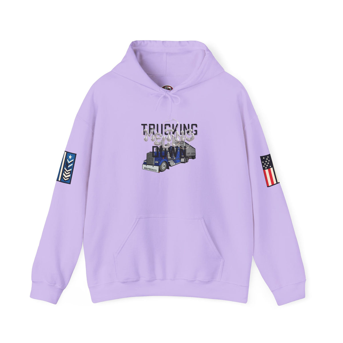 White Melting Down Unisex Hoodie by Printify featuring a trucking design, shown with a front view and casual fit.