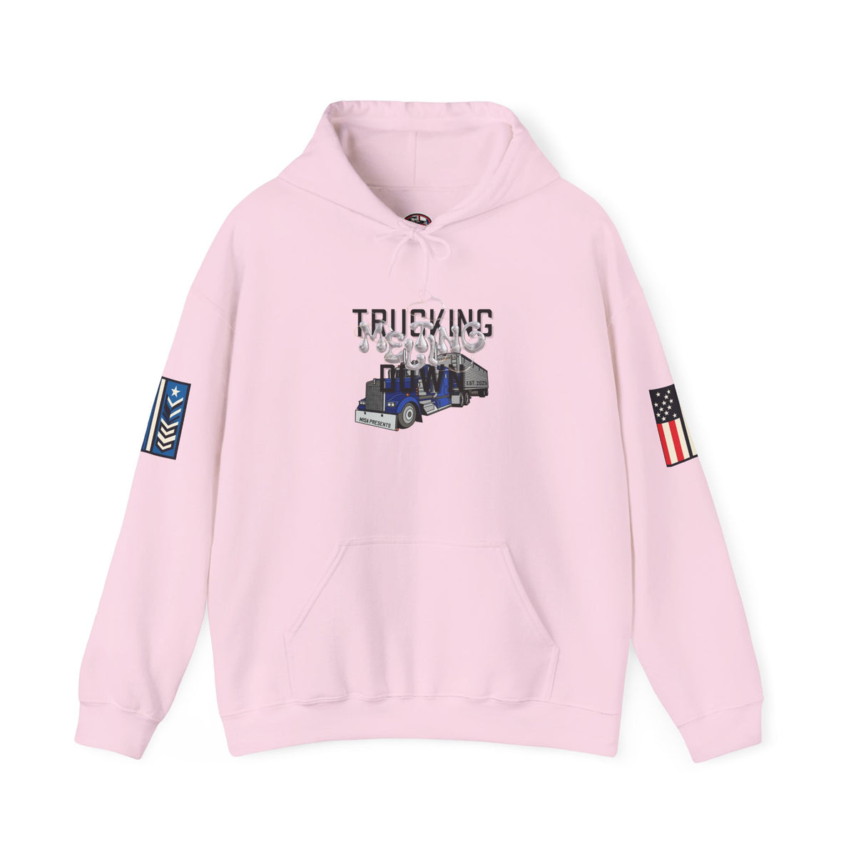 White Melting Down Unisex Hoodie by Printify featuring a trucking design, showcasing a casual and stylish hoodie with graphic print.