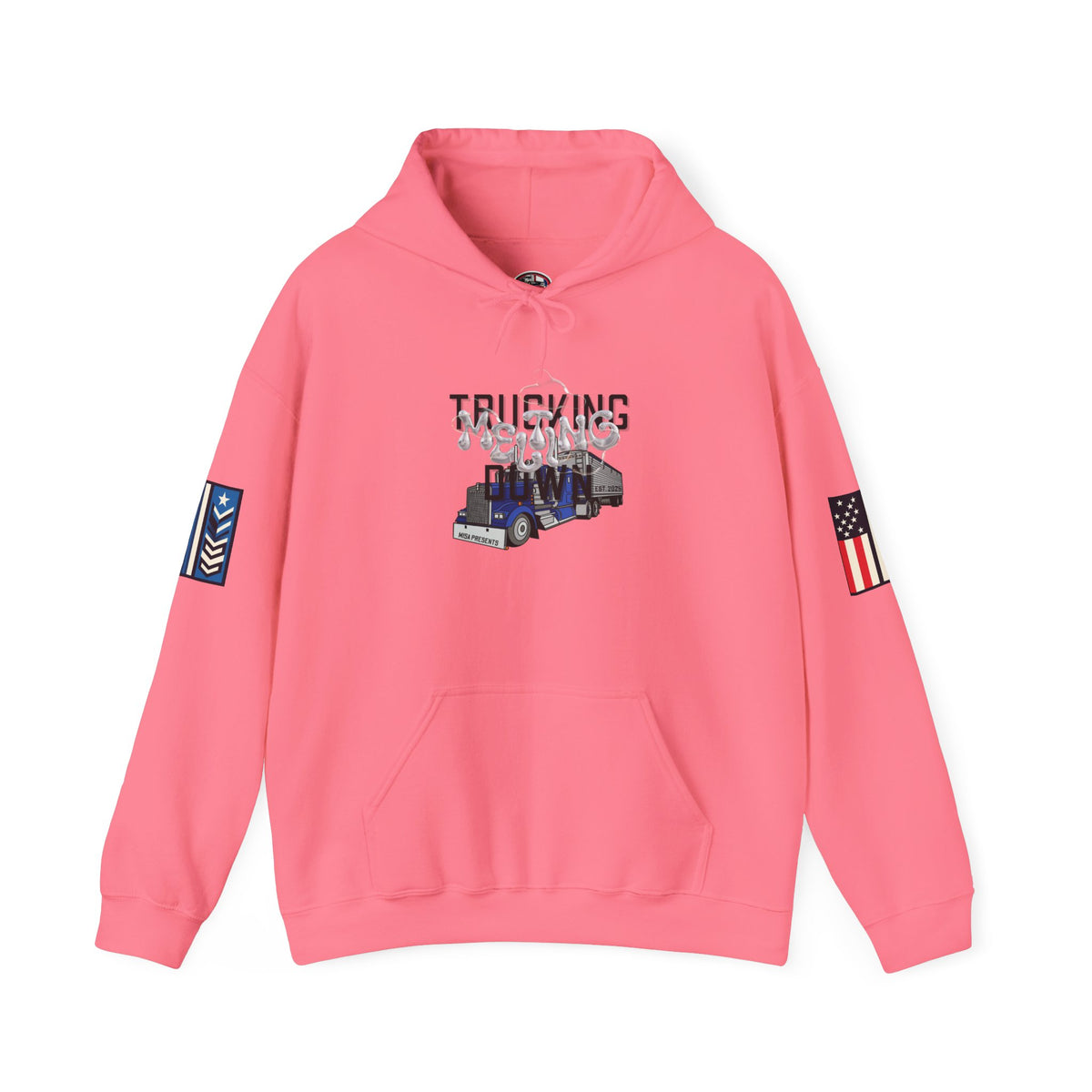 White Melting Down Unisex Hoodie by Printify featuring a trucking design, casual fit, and soft fabric for comfortable wear.