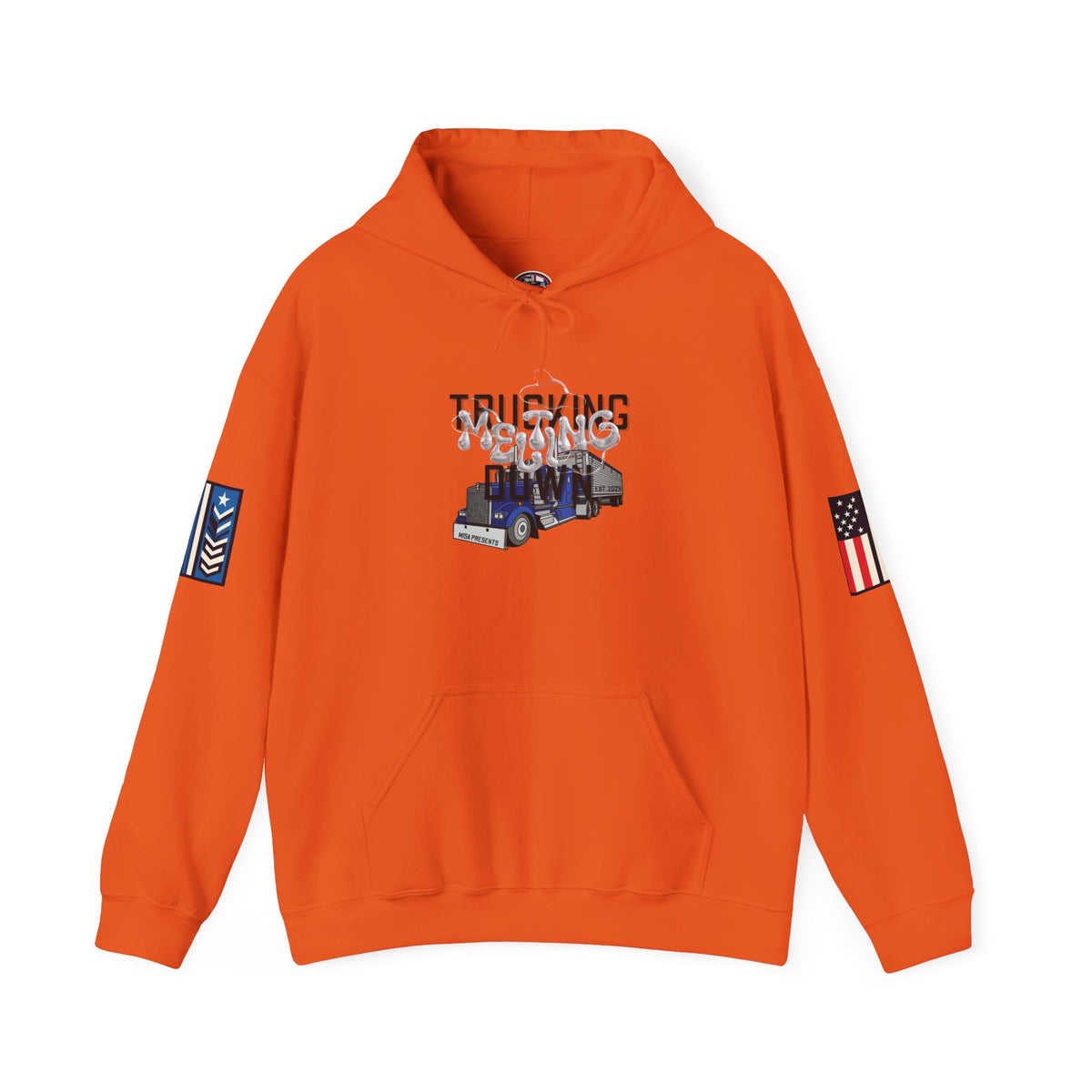 White Melting Down unisex hoodie with trucking design from Printify, featuring a vibrant melting graphic on the front.