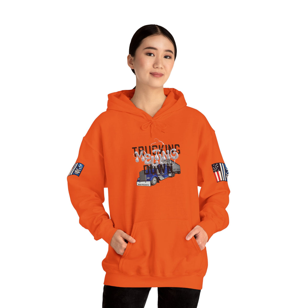 White Melting Down unisex hoodie with trucking design by Printify, featuring a bold, artistic graphic on the front.
