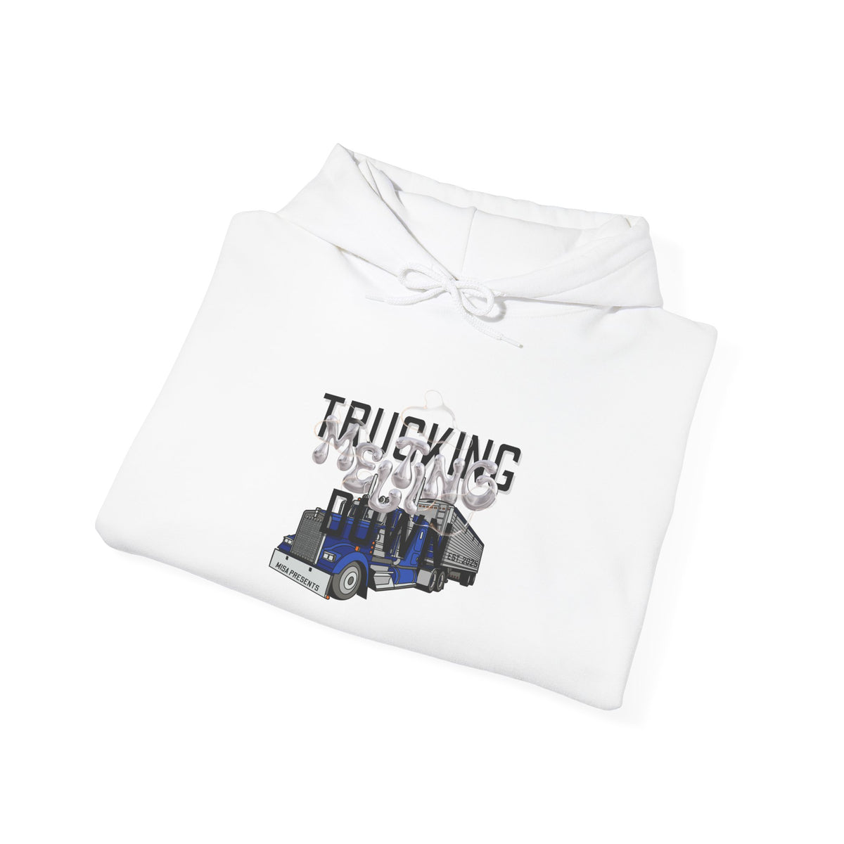 White Melting Down unisex hoodie with trucking design from Printify, featuring vibrant print and comfortable fit.