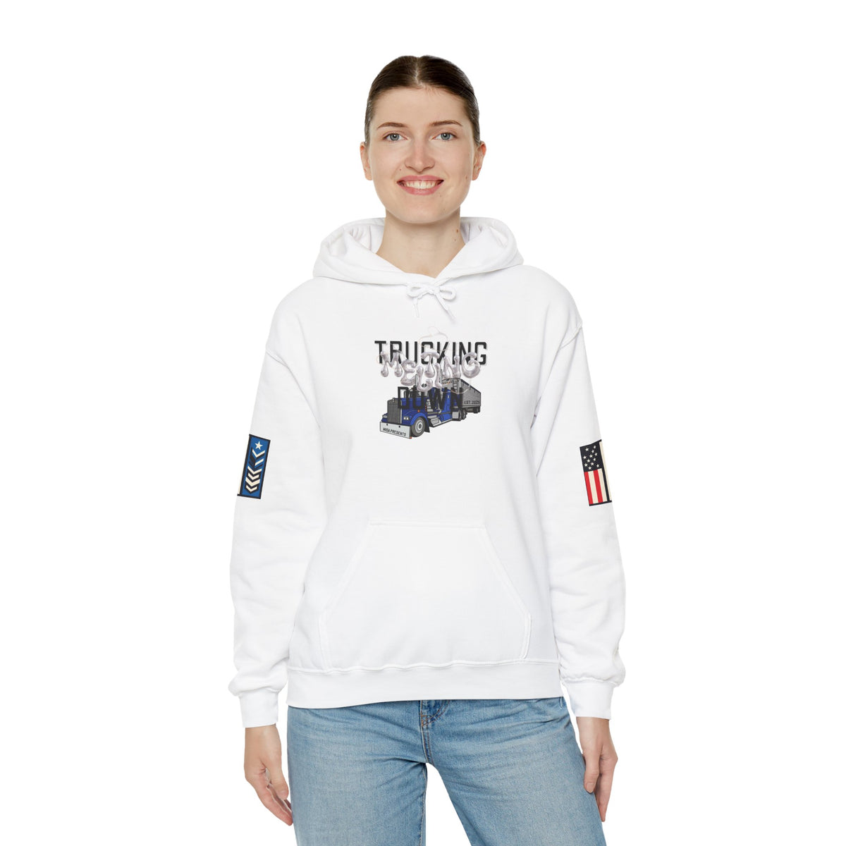 White Printify Melting Down unisex hoodie with trucking design, featuring a cozy fit and graphic print on the front.