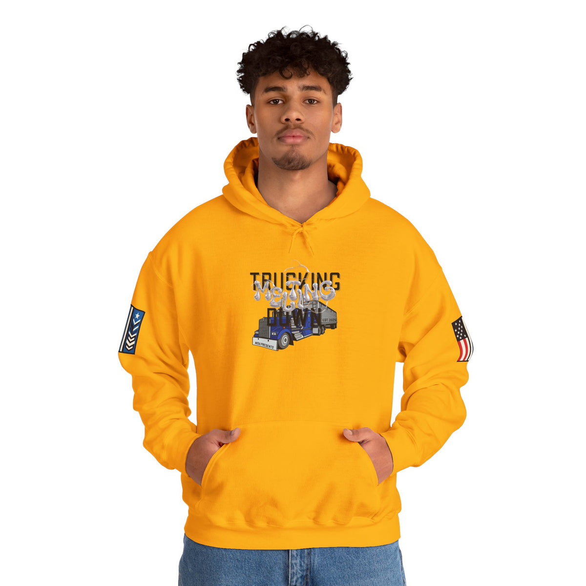 White Melting Down unisex hoodie by Printify featuring a trucking design, casual fit, and comfortable fabric.