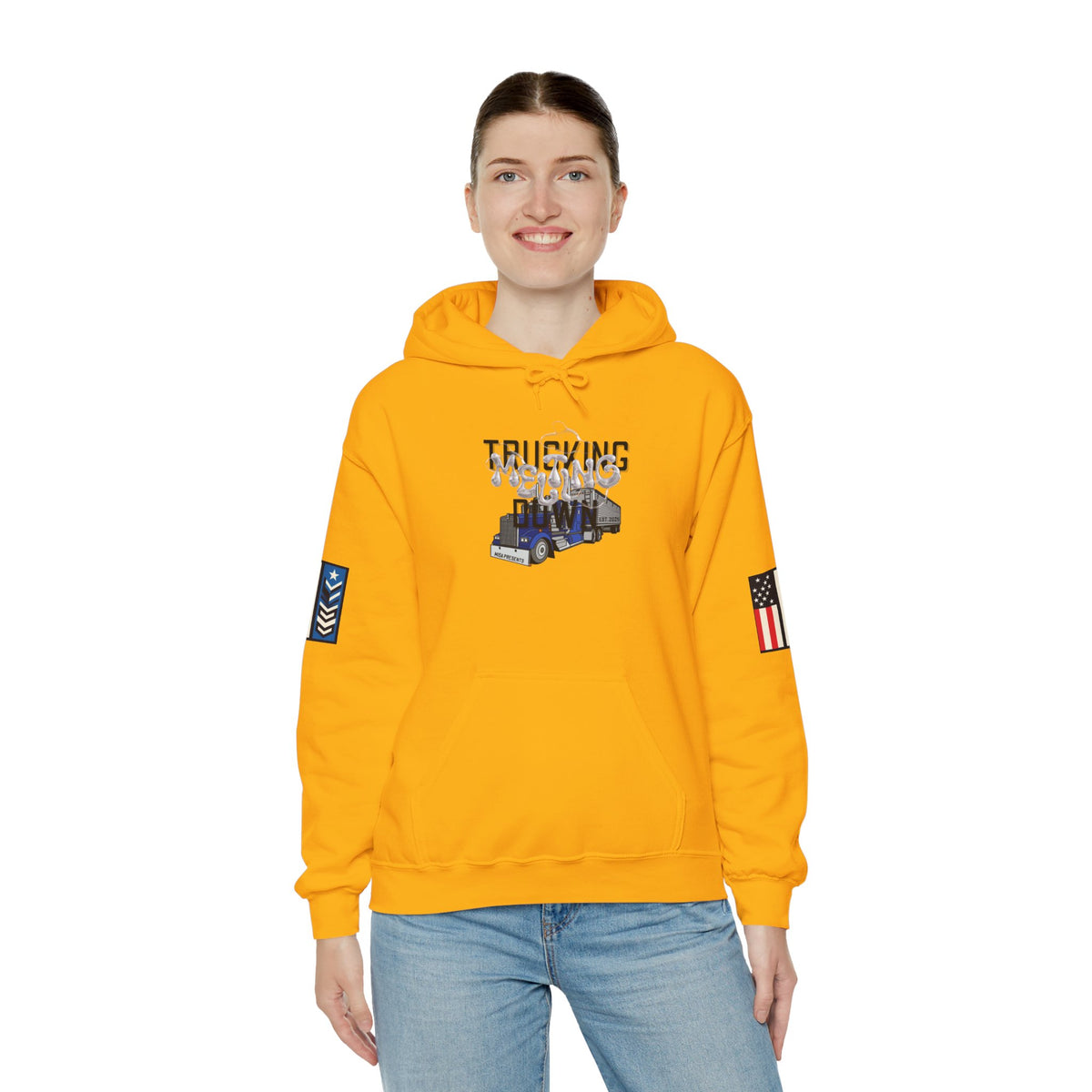 White Melting Down unisex hoodie with trucking design by Printify, featuring a casual fit and graphic print on the front.
