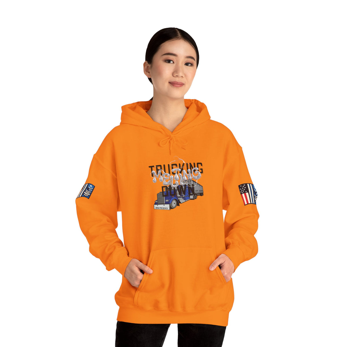White Melting Down unisex hoodie with trucking design by Printify, showcasing a casual, comfortable hoodie with vibrant print.