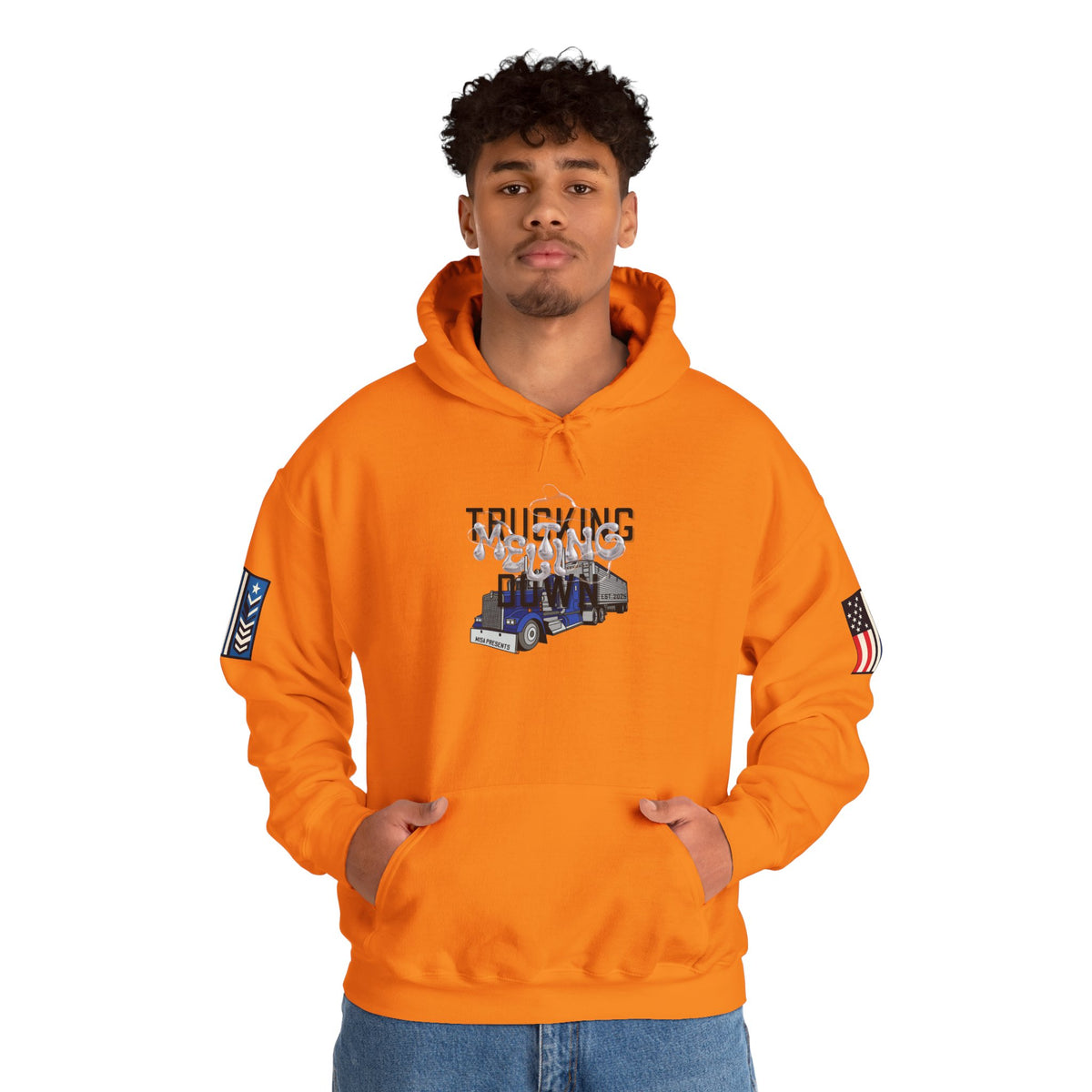 White Melting Down Unisex Hoodie with Trucking Design by Printify, featuring a vibrant, artistic melting graphic on the front.