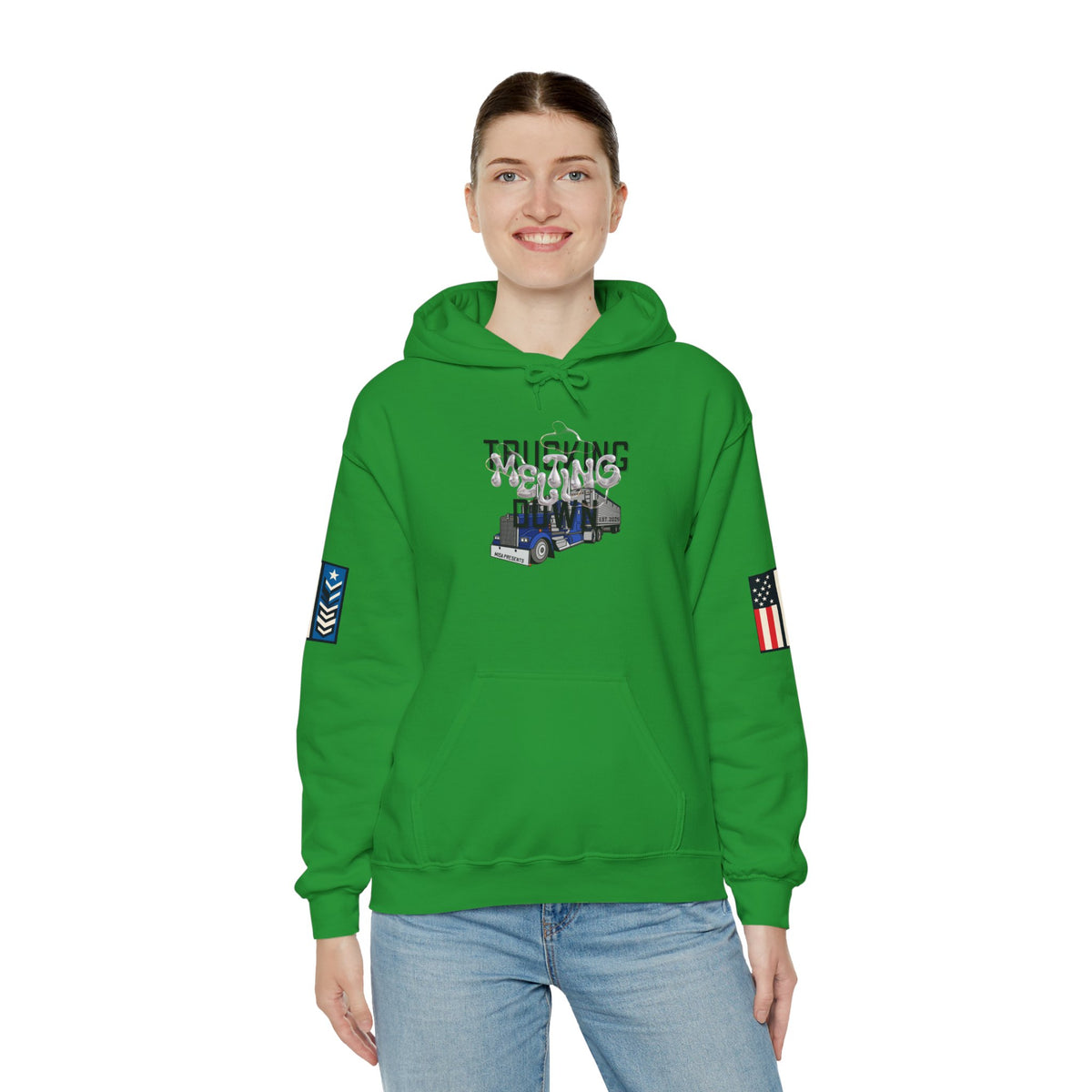 White Melting Down unisex hoodie by Printify featuring a trucking design on the front. Comfortable casual wear for all.