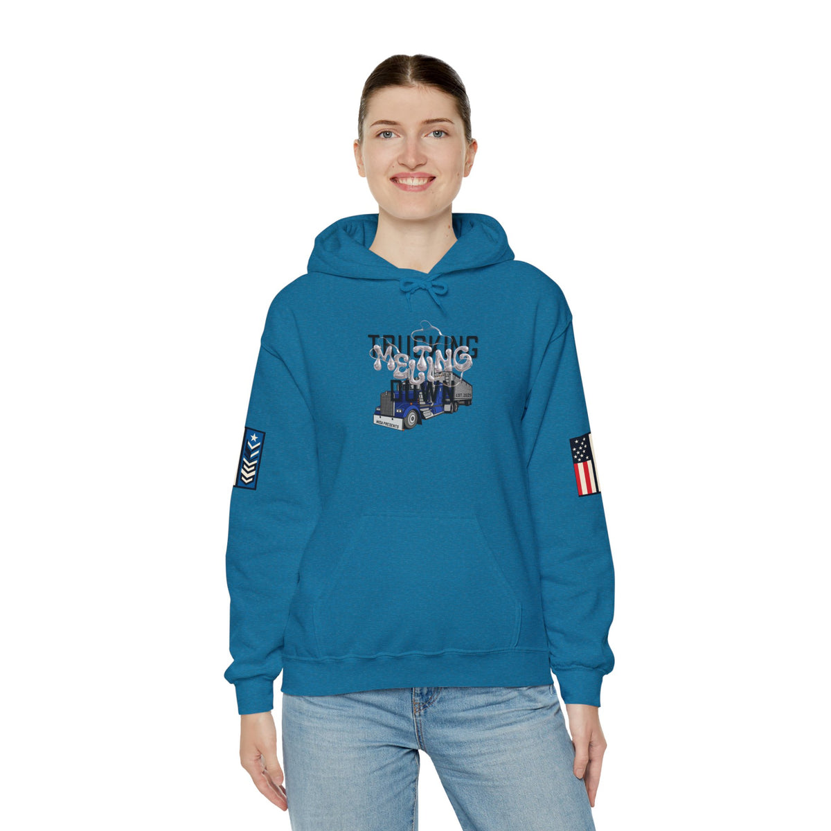 White Melting Down Unisex Hoodie with trucking design by Printify, featuring a graphic of melting elements on the front.