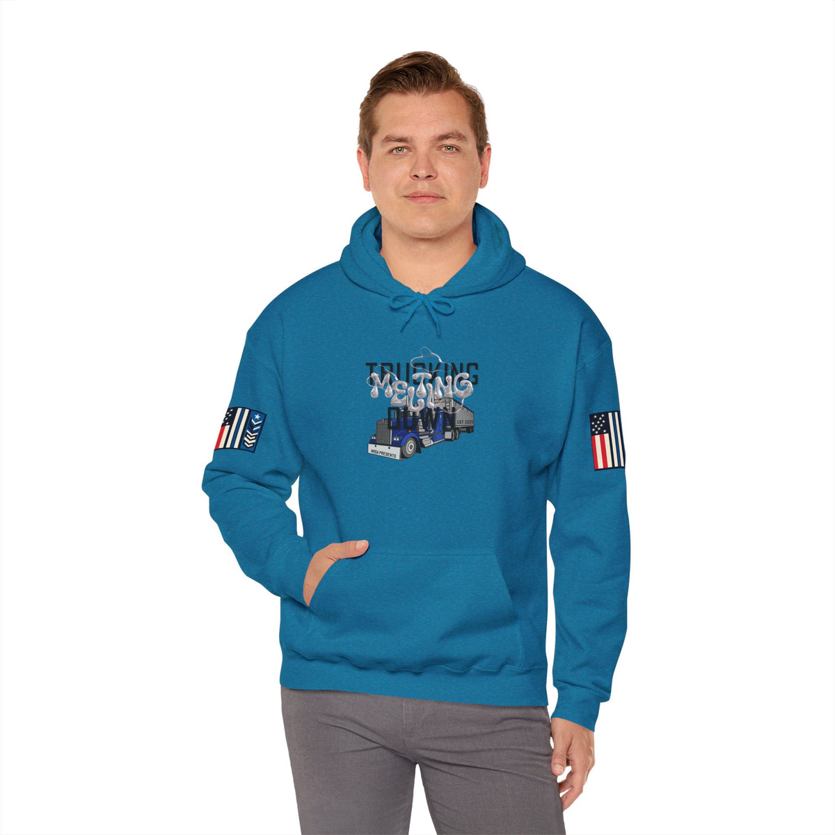 White Melting Down Unisex Hoodie with trucking design by Printify, featuring a vibrant, melting graphic on the front.