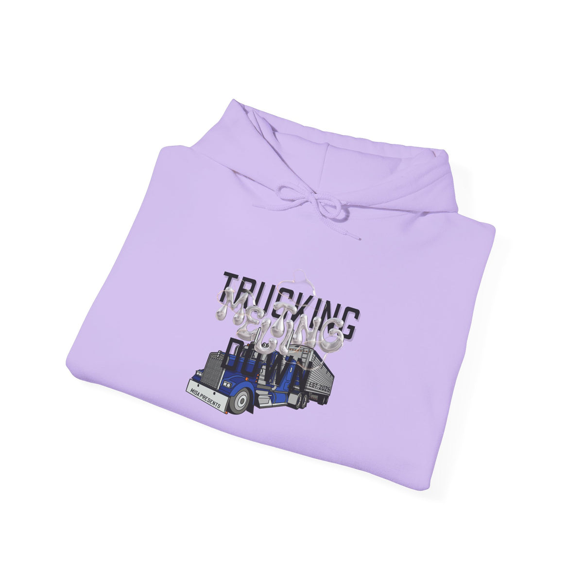 White Melting Down unisex hoodie by Printify featuring a trucking design, casual fit, and comfortable fabric.