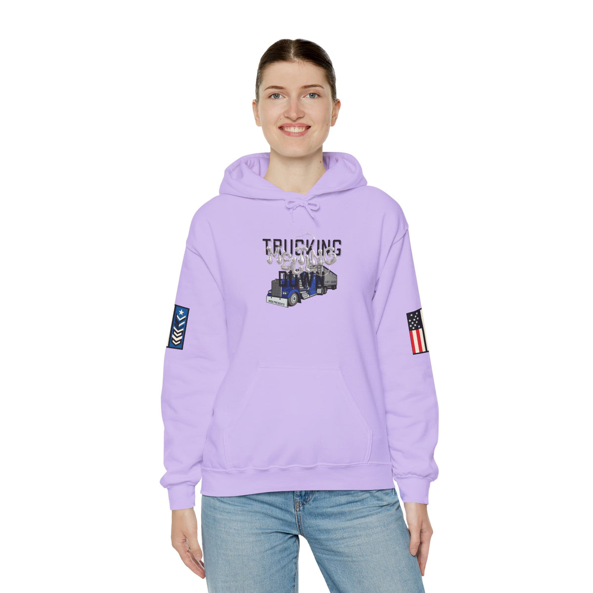 White Melting Down unisex hoodie with trucking design from Printify, featuring a colorful, abstract melting truck graphic.