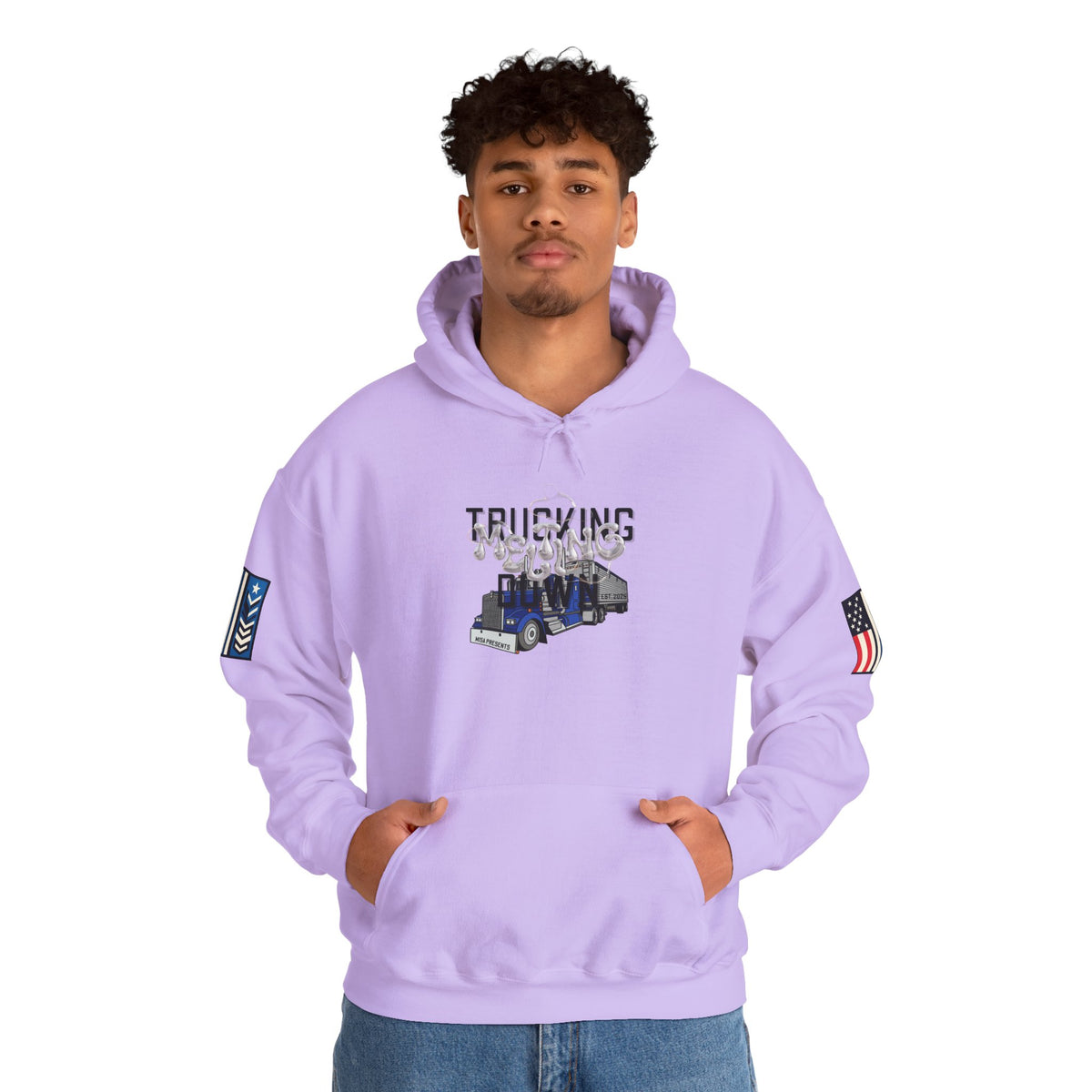 White Melting Down Unisex Hoodie by Printify featuring a trucking design, casual fit and comfortable fabric.