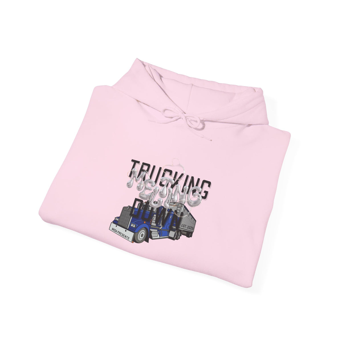 White Melting Down Unisex Hoodie by Printify featuring a trucking design, made from soft fabric with a relaxed fit.