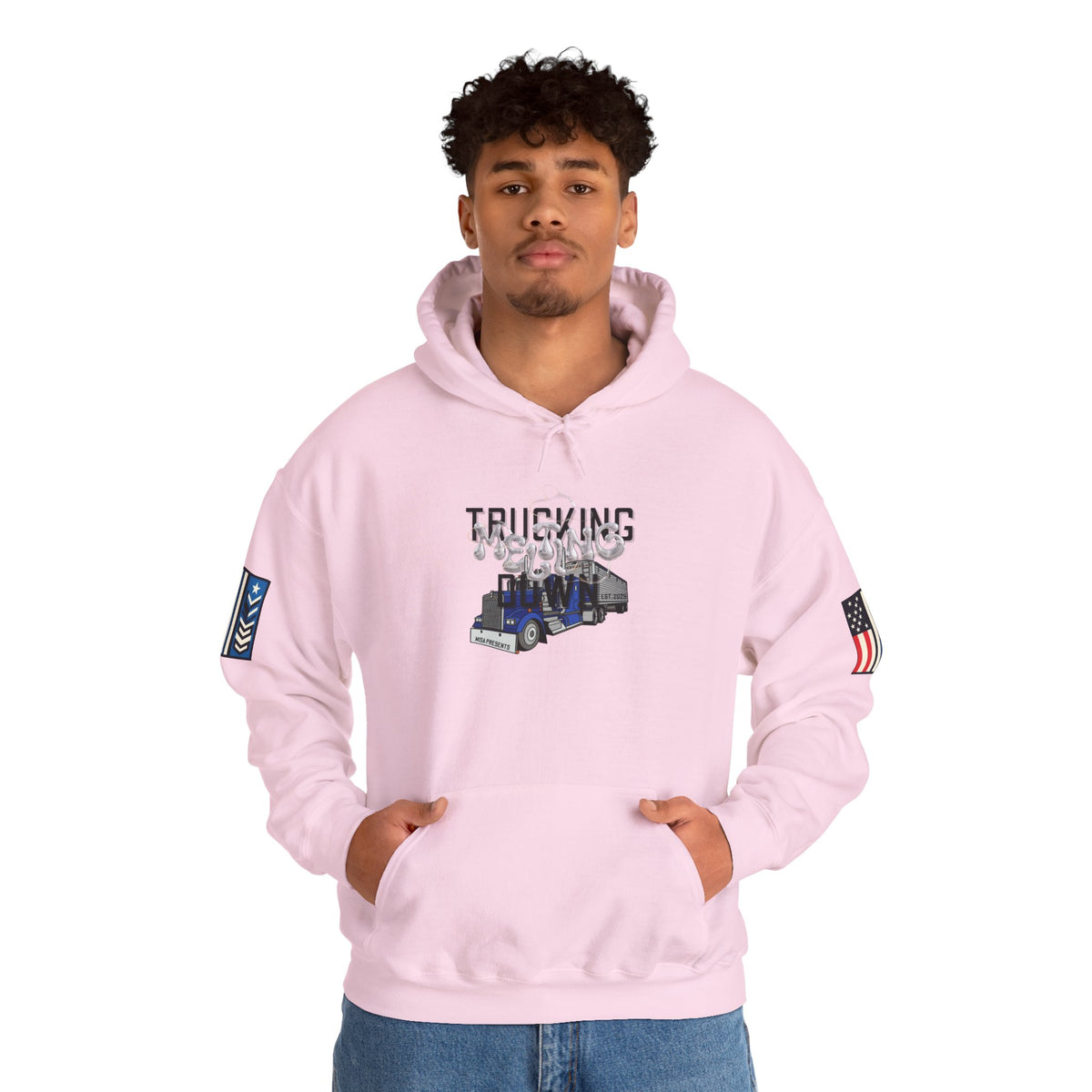 White Melting Down unisex hoodie by Printify featuring a trucking design on the front. Comfortable and stylish casual wear.
