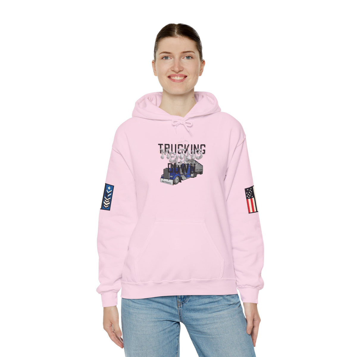 White Melting Down Unisex Hoodie with trucking design from Printify, featuring a casual hoodie style and graphic print.