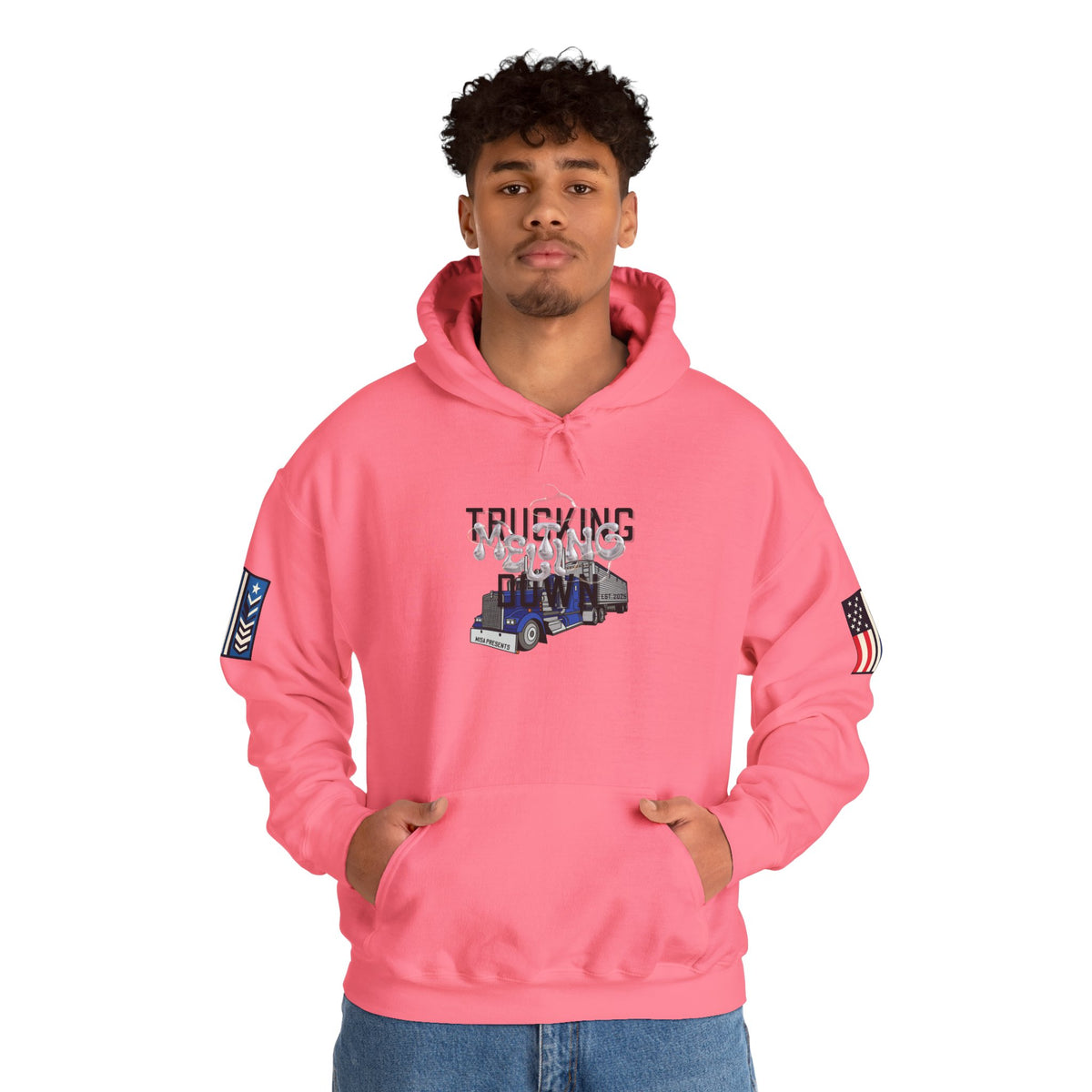 White Melting Down unisex hoodie with trucking design by Printify, featuring a graphic print on the front.