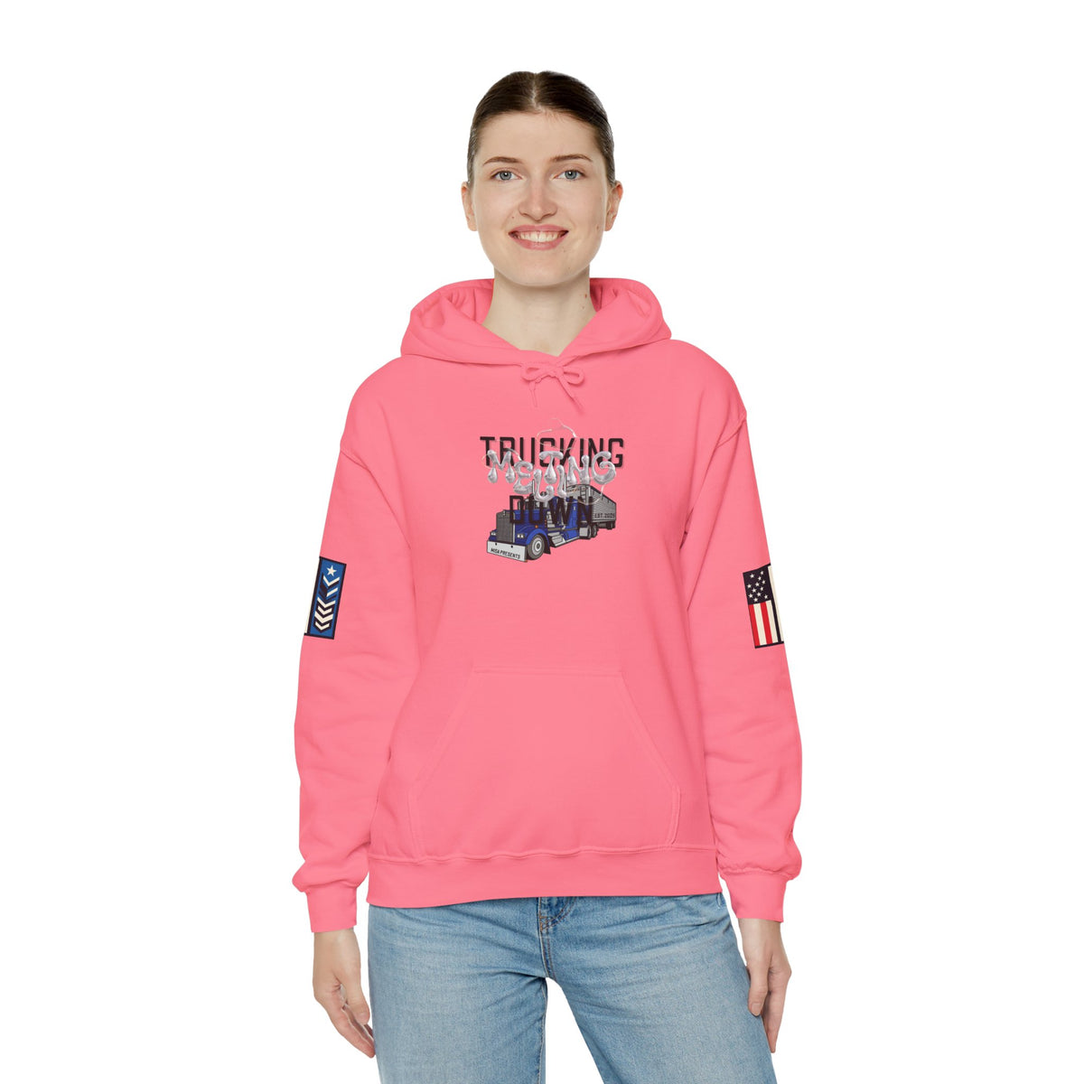 White Melting Down unisex hoodie with trucking design by Printify, featuring a casual fit and graphic print on the front.