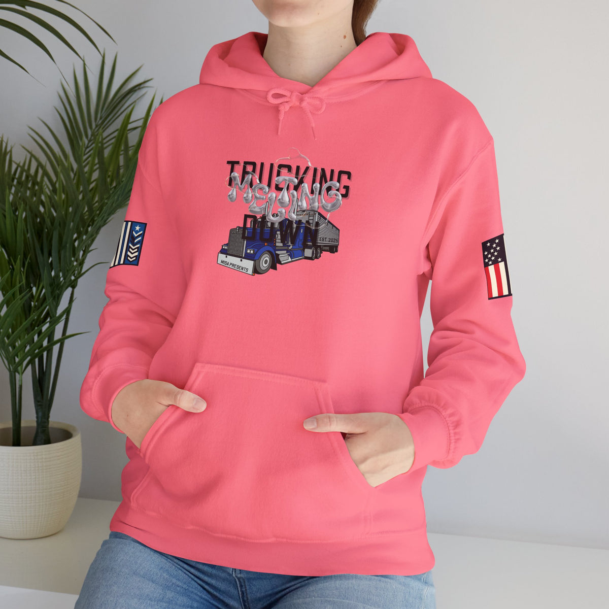 White unisex hoodie with a trucking design from Printify, featuring a melting down graphic on the front.