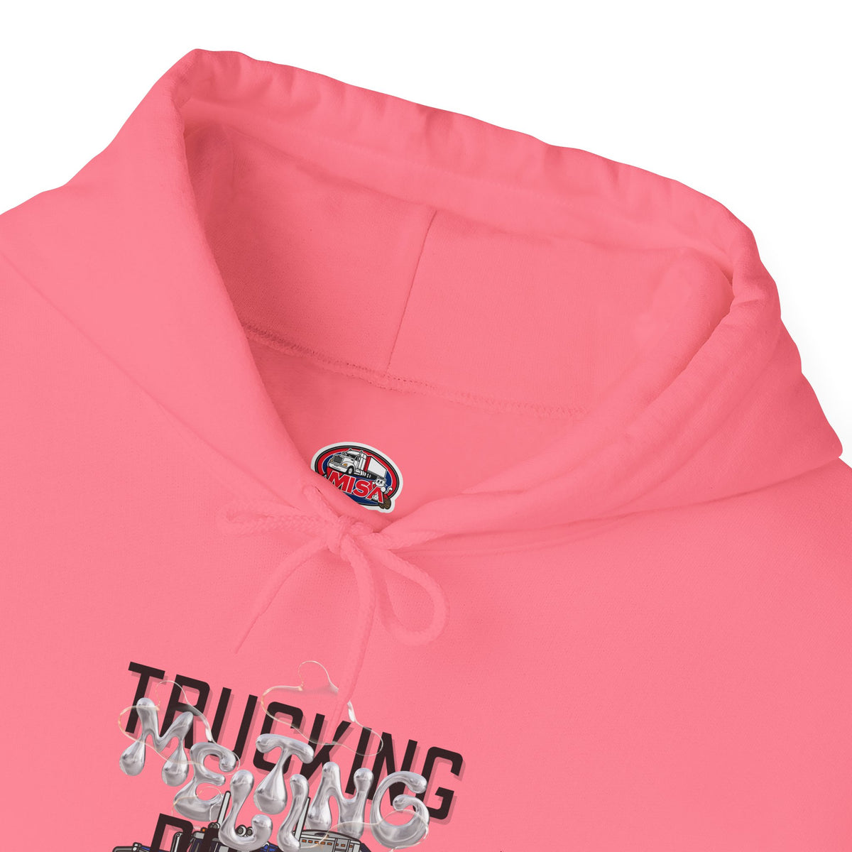White Melting Down unisex hoodie with trucking design by Printify, featuring a graphic print on the front.
