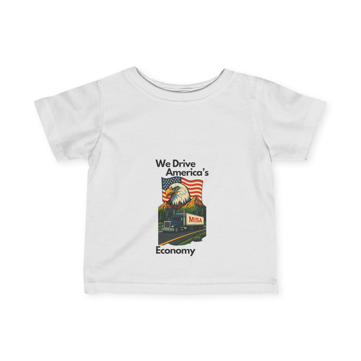 Cute infant fine jersey T-shirt with America's Economy print, designed for babies, by Printify, perfect for kids' casual wear.