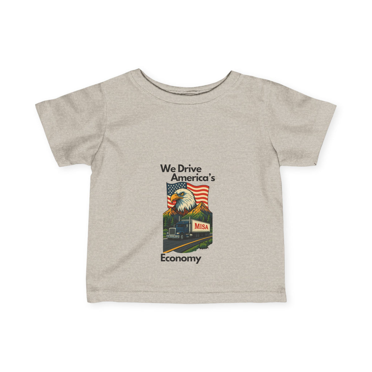 Cute infant fine jersey T-shirt from Printify featuring America's Economy Infants Tee design for babies aged 6 months.