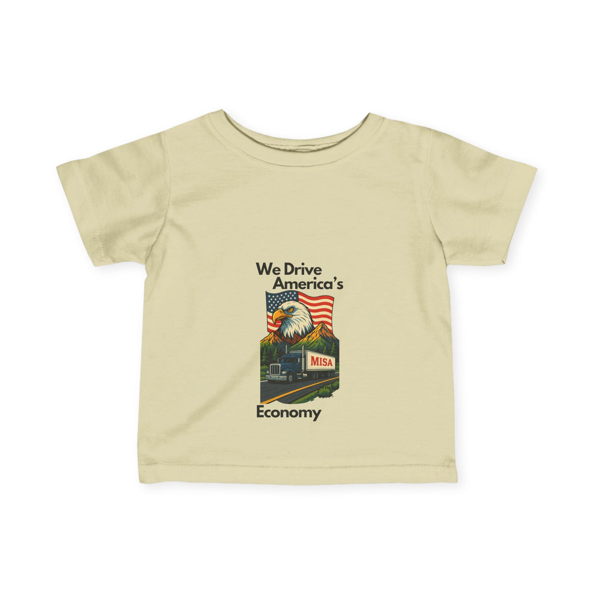 Cute infant fine jersey T-shirt from Printify featuring America's Economy Infants Tee for babies aged 6 months.