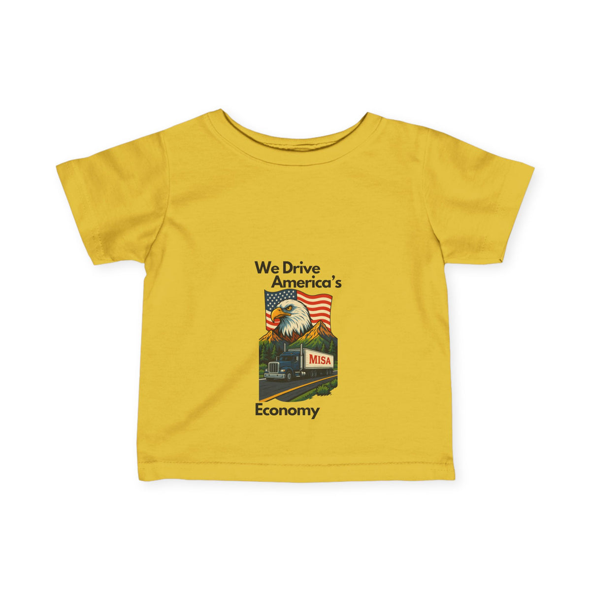 Cute infant fine jersey T-shirt from Printify featuring America's Economy Infants Tee, ideal for kids' clothing.