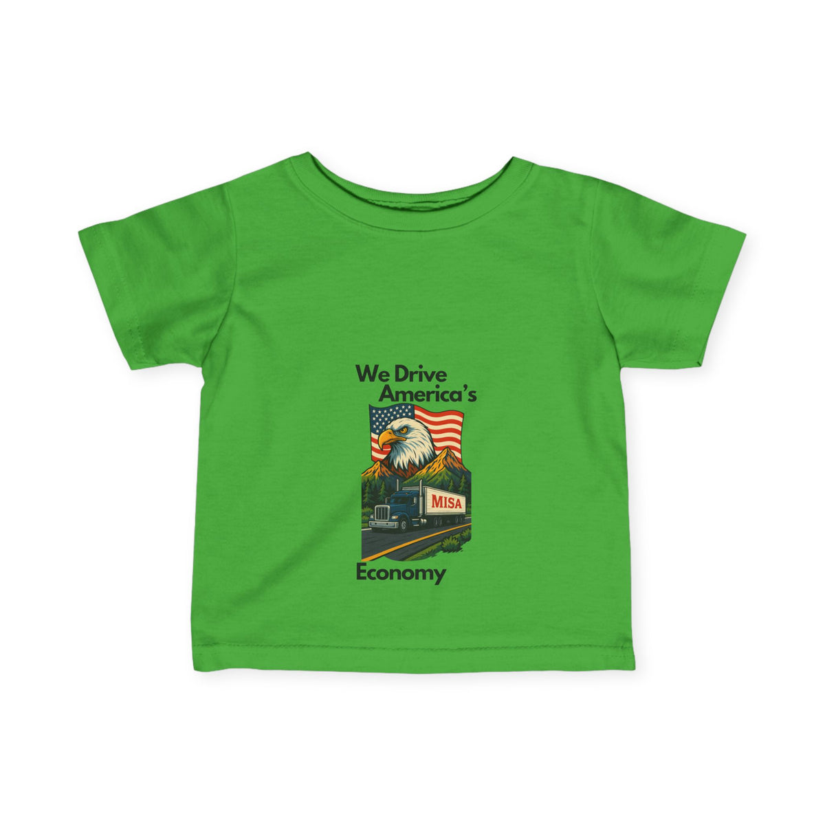 Cute infant fine jersey t-shirt from Printify with "America's Economy" print, designed for babies aged 6 months.
