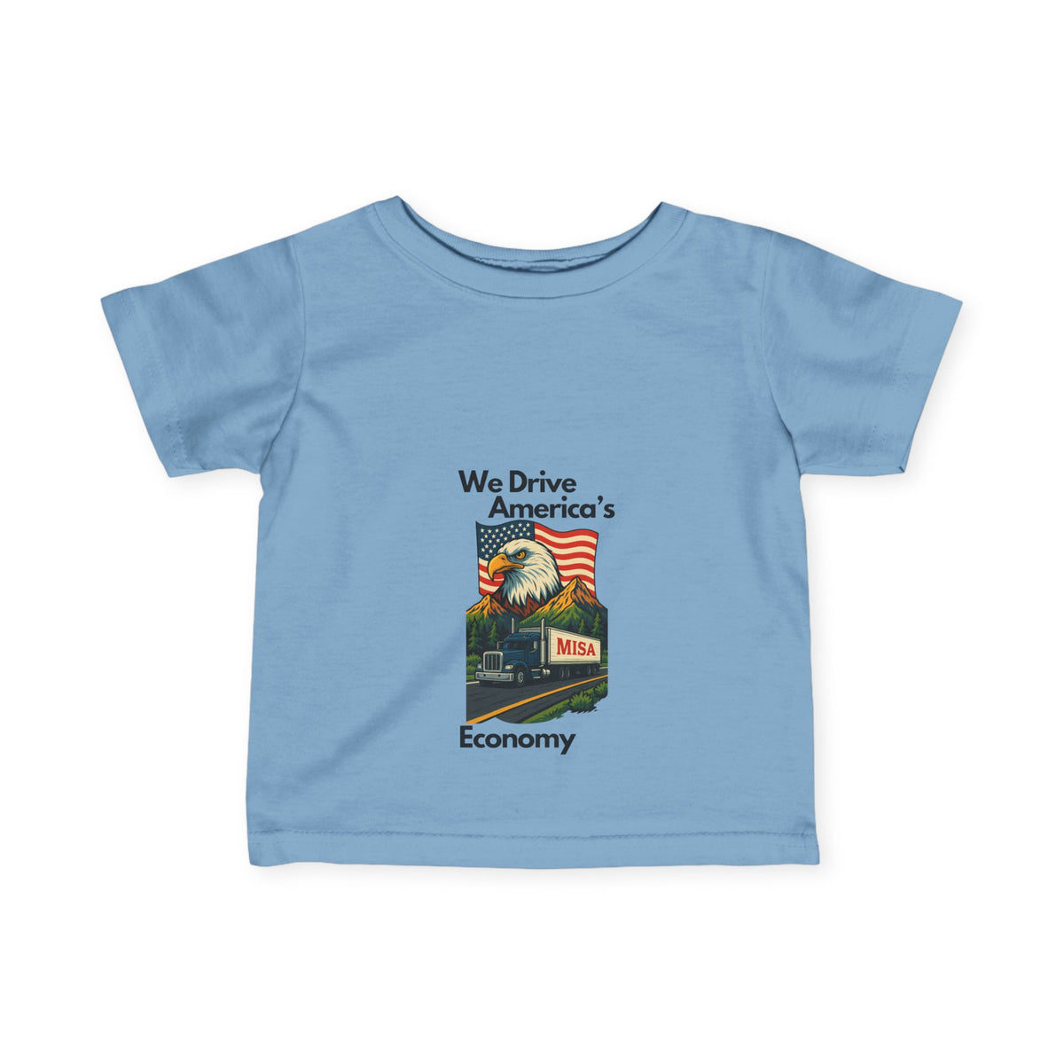 Cute infant fine jersey T-shirt from Printify featuring America's Economy Infants Tee for babies aged 6 months.