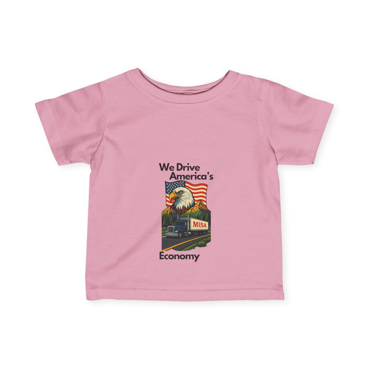 Cute infant's fine jersey T-shirt from Printify featuring America's Economy design, perfect for babies aged 6 months.