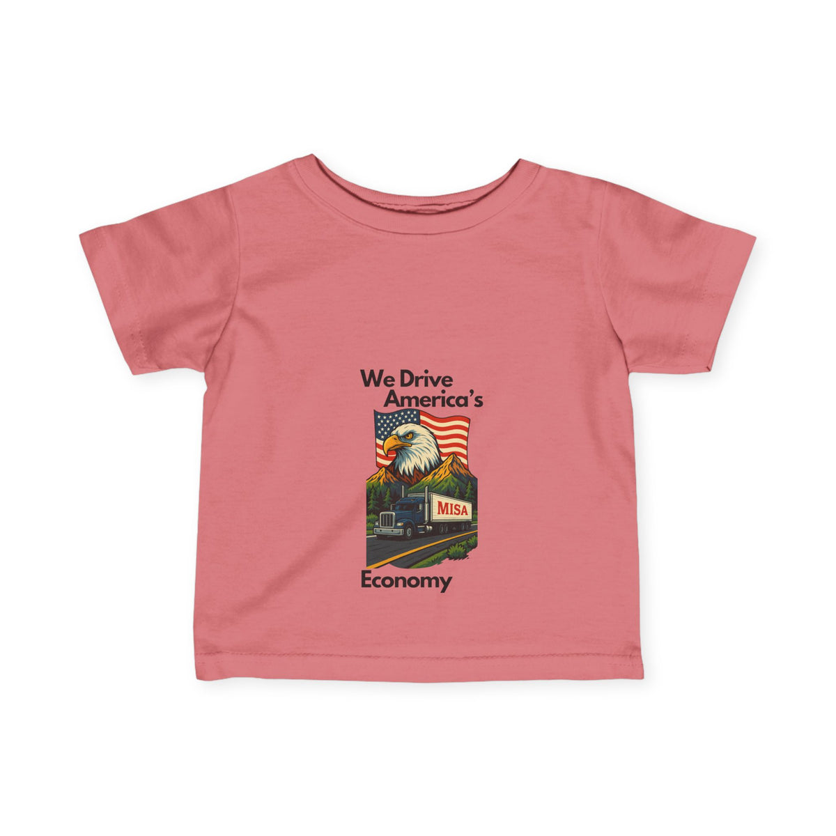 Cute infant fine jersey T-shirt featuring America's Economy design, perfect for kids' casual wear, by Printify.