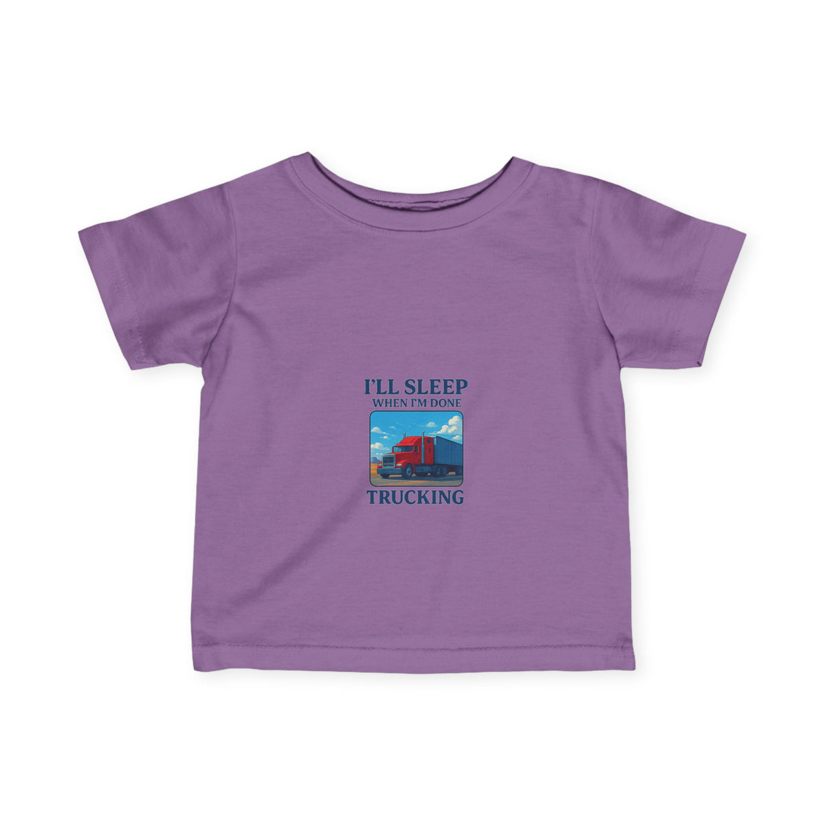 Cute infant trucking T-shirt by Printify featuring "I'll Sleep When I'm Done" message, ideal for baby's casual wear.