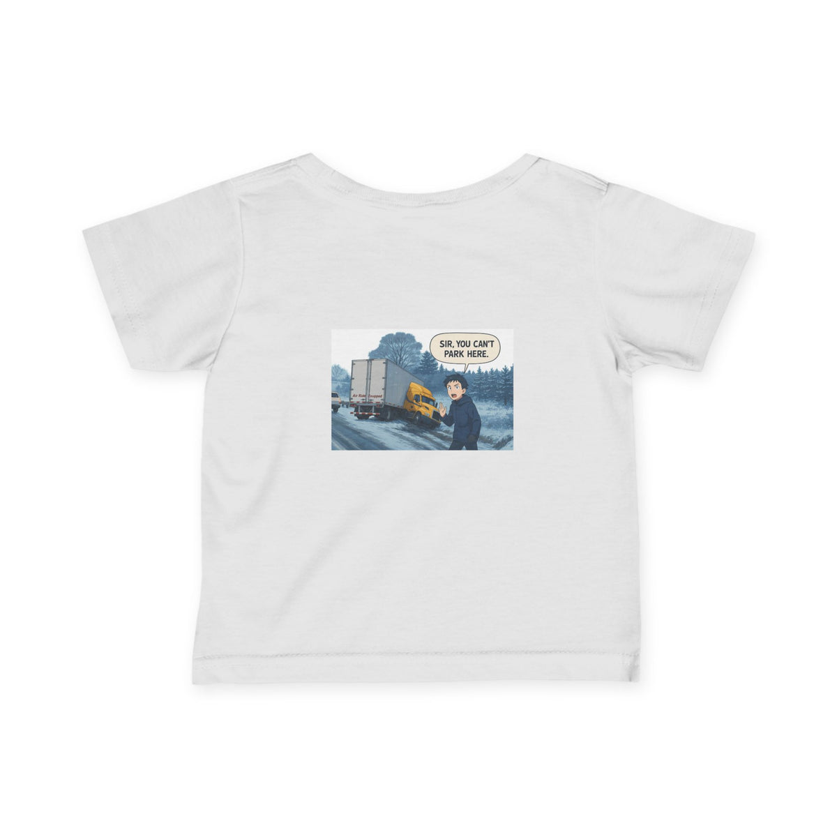 Black infant T-shirt from Printify featuring humorous "Sir, You Can't Park Here" slogan for kids' clothing.
