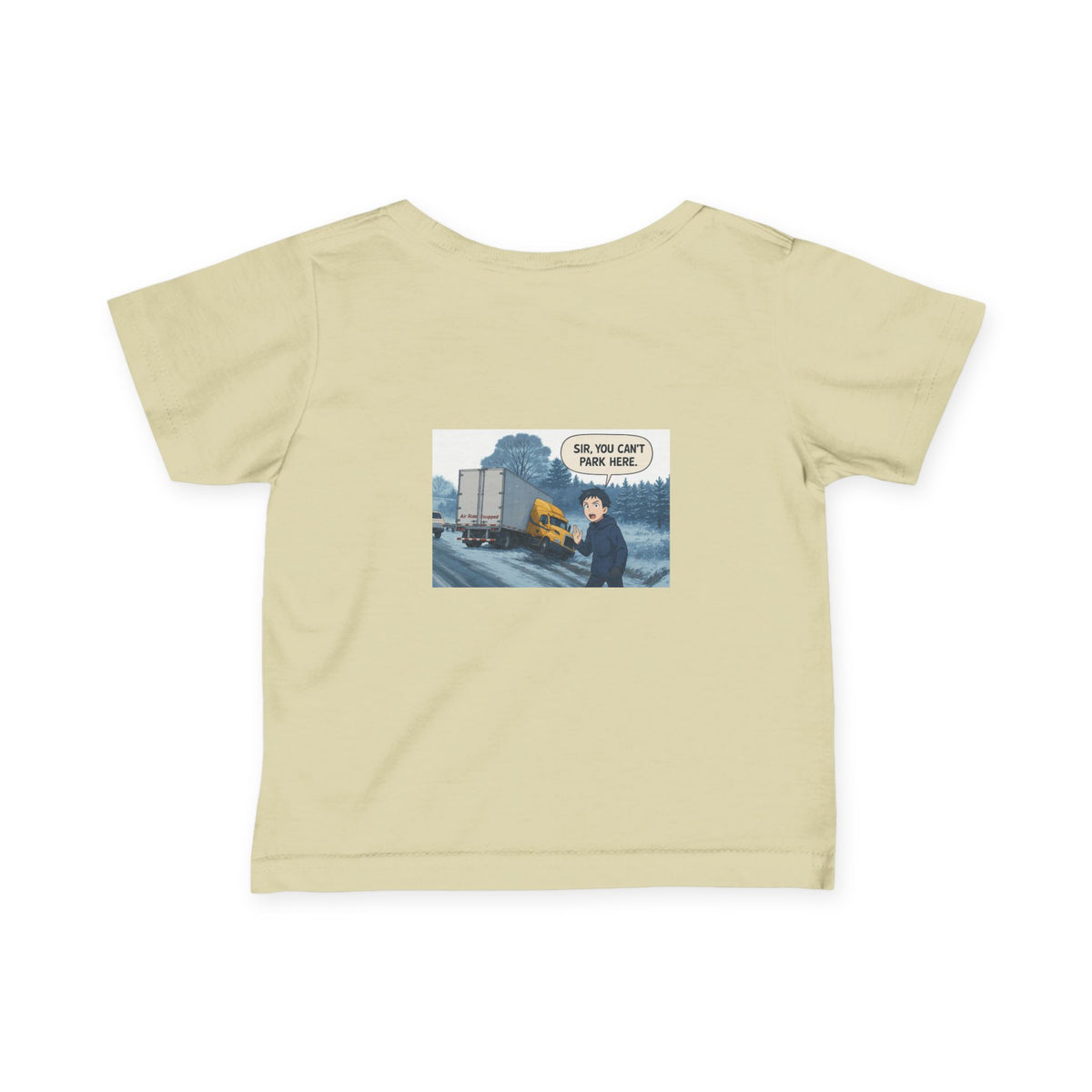 Black funny infant tee for kids by Printify featuring the humorous "Sir, You Can't Park Here" design for 6-month-old babies.