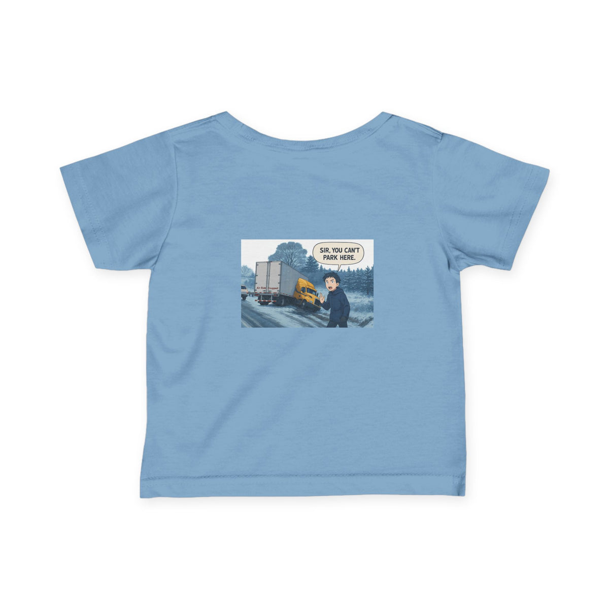 Black funny infant tee for kids by Printify featuring a humorous "Sir, You Can't Park Here" design for 6-month-olds.