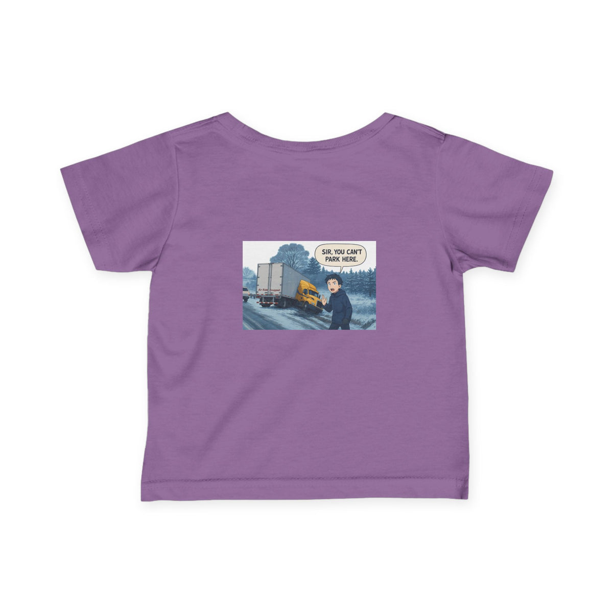 Black funny infant T-shirt from Printify with "Sir, You Can't Park Here" humor, designed for babies aged 6 months.