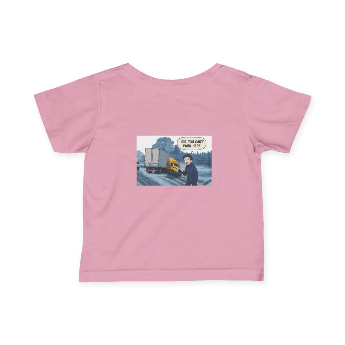 Black funny infant T-shirt for kids by Printify with humorous "Sir, You Can't Park Here" slogan, suitable for 6-month-old babies.