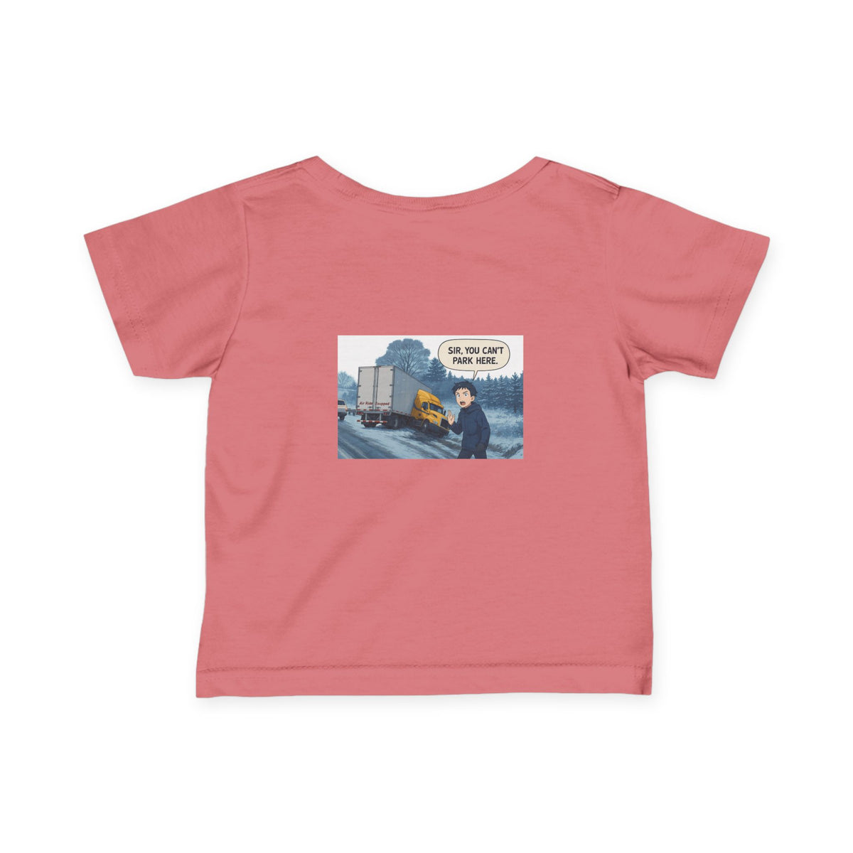 Black funny infant T-shirt from Printify with humorous "Sir, You Can't Park Here" print for kids age 6 months.