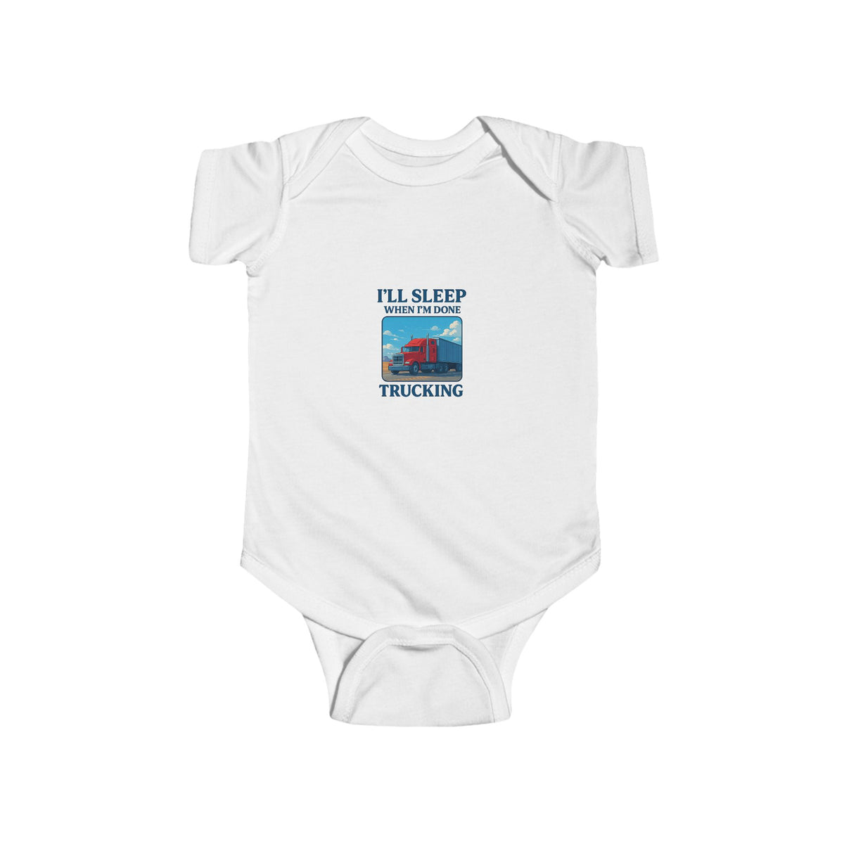 Printify Sleepy Truckin' infant bodysuit for babies aged 0-3 months featuring a cute truck design, ideal for truck-loving infants.
