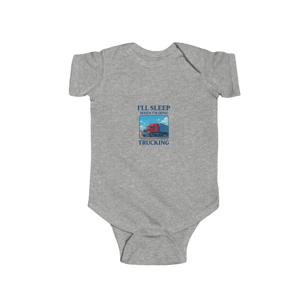 Printify Sleepy Truckin' infant bodysuit for babies aged 0-3 months, featuring a cute truck design for truck-loving babies.