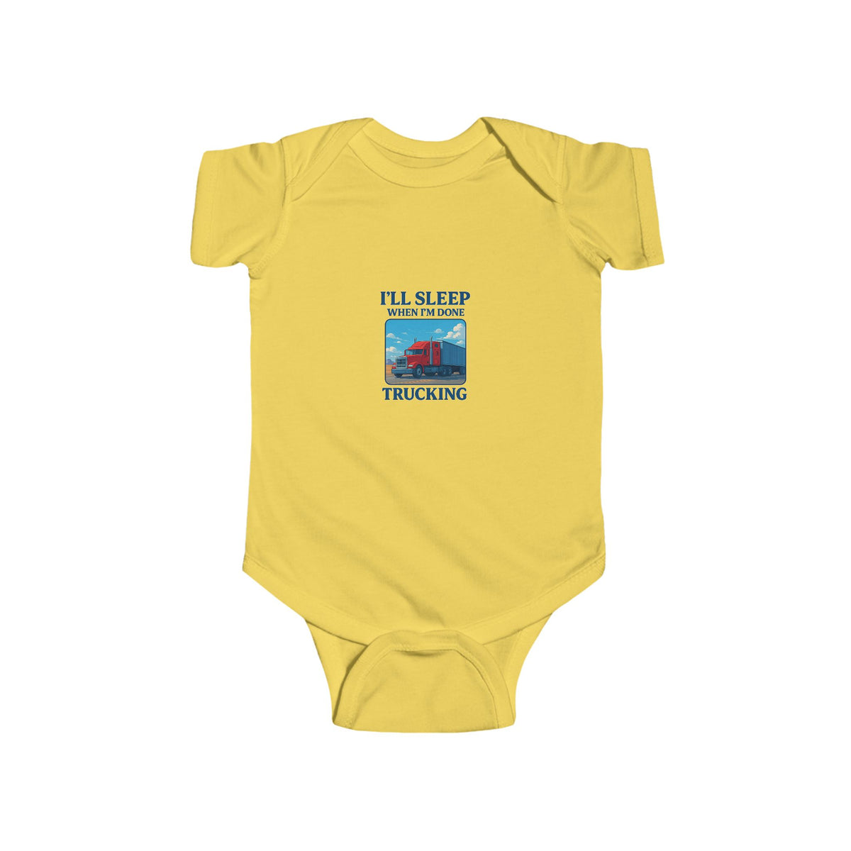 Cute Sleepy Truckin' infant bodysuit from Printify, featuring a truck-themed design for babies aged 0-3 months.