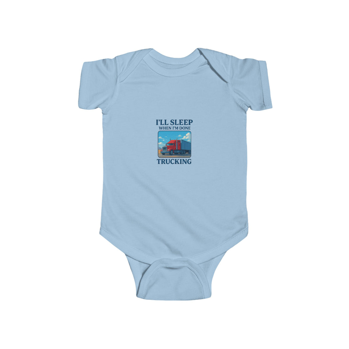 Printify Sleepy Truckin' infant bodysuit for babies 0-3 months, featuring a cute truck design perfect for little truck lovers.
