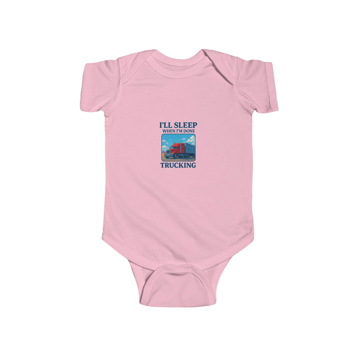 Printify Sleepy Truckin' infant bodysuit for babies 0-3 months, featuring a cute truck design for truck-loving infants.