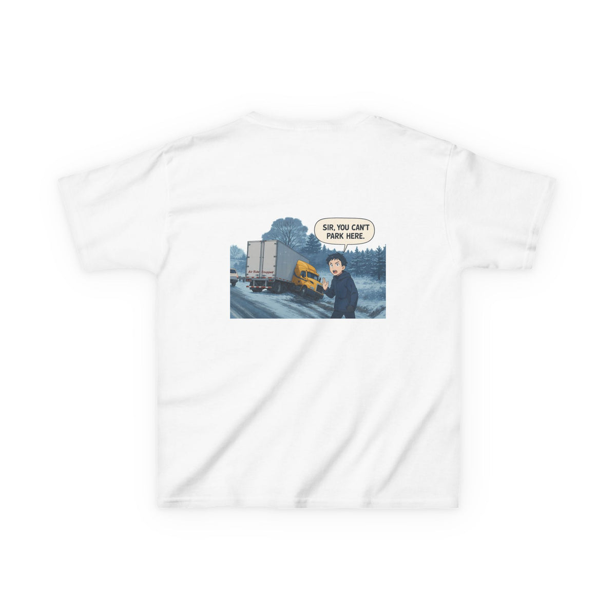 Purple kids' t-shirt with a truck design and humorous "Sir, You Can't Park Here!" text, made by Printify.