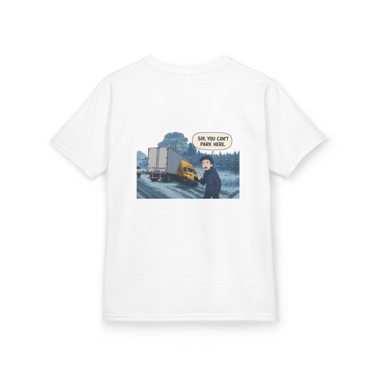 Purple kids' T-shirt with a truck design and humorous "Sir, You Can't Park Here" print, made by Printify.