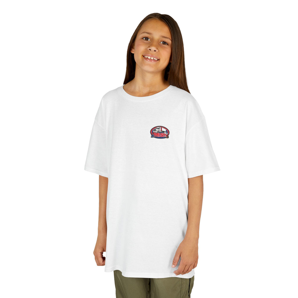 Purple kids' T-shirt featuring a humorous truck design with the text "Sir, You Can't Park Here!" from Printify.